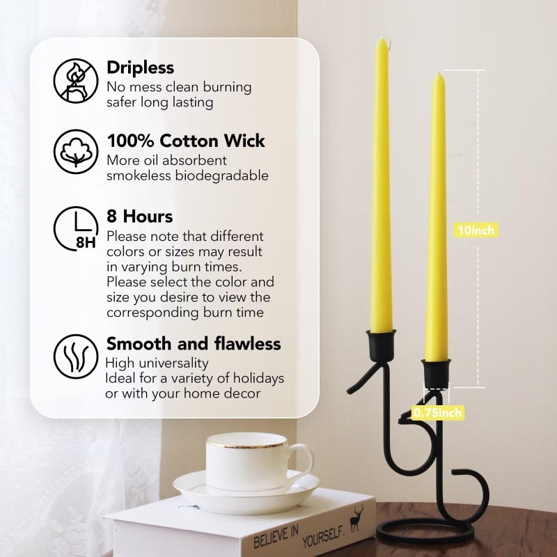 Pickood 10-Inch Tall Dripless Taper Candles Set of 4 - Yellow Tapered Candles  Perfect for Spring - Smokeless  Unscented  Long Burning - Hand Poured  Colored Tall Candlesticks - Light Yellow - Image 2